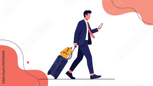 Professional businessman walking with a large suitcase while checking his smartphone for travel or work updates.
