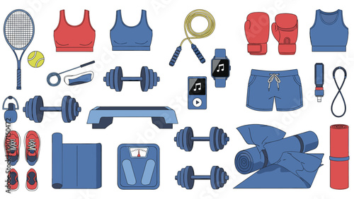 Extensive collection of fitness and exercise equipment including dumbbells a tennis racket and boxing gloves.