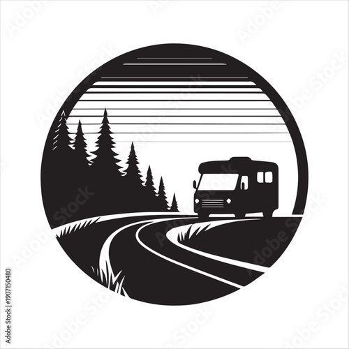 Camper van hidden road abstract silhouette line art logo design concept illustration