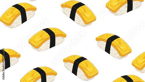 Seamless culinary pattern of Japanese tamago egg sushi pieces arranged diagonally on a clean white background.