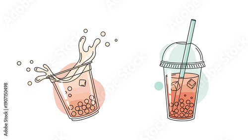 Two cups of delicious fruit-flavored bubble tea with boba pearls featuring one splashing cup and one with a lid.