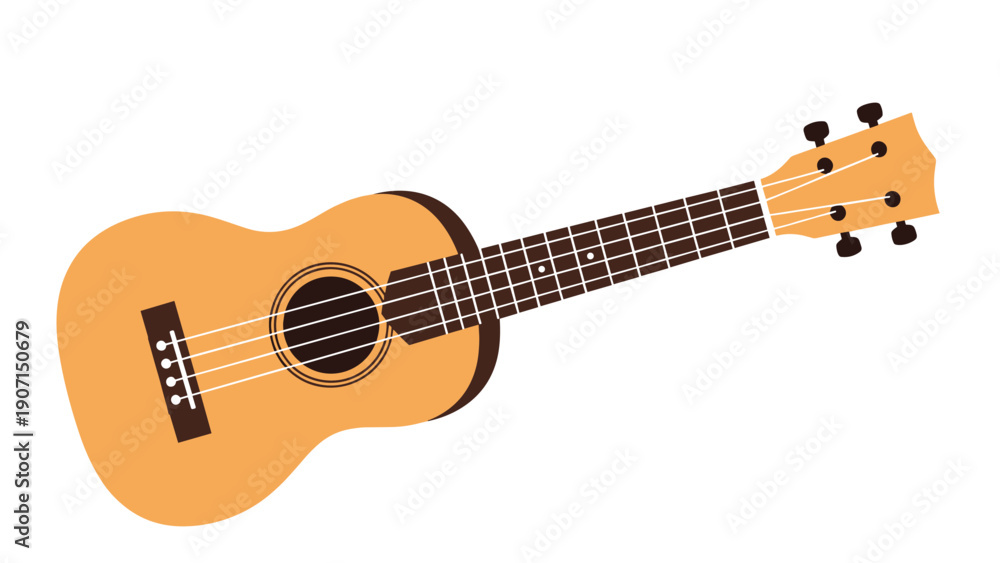 Naklejka premium Simple and clean illustration of a small four-stringed wooden ukulele instrument on a white background.