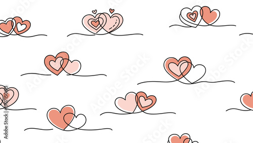 Seamless pattern of interconnected pink and white hearts drawn with delicate lines for romantic background themes.