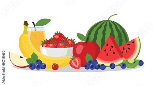 Vibrant still life composition of mixed tropical and garden fruits including watermelon, banana, apple, and berries.