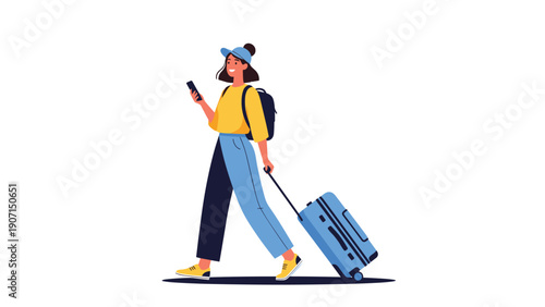 Modern young woman traveler walking with a blue suitcase while checking her mobile phone on a white background.