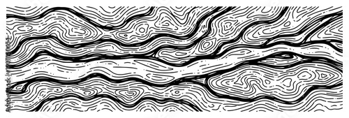 Abstract panoramic background with wavy topographic contour lines and wood grain texture