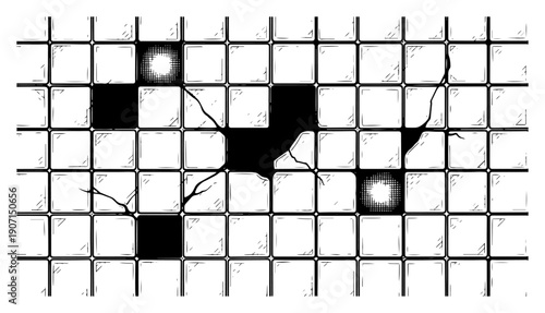 Abstract background of a cracked tile floor with black and glowing squares in a hand drawn sketch style