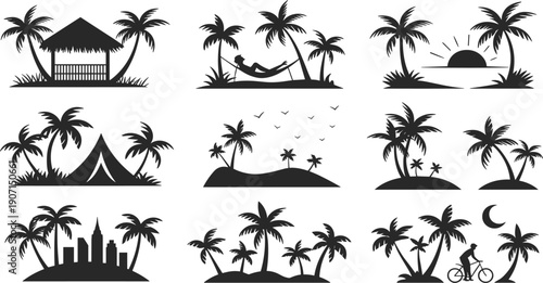 Collection of black silhouette tropical island scenes with palm trees and various