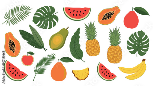 Selection of exotic tropical fruits and lush green leaves including pineapple, watermelon, and papaya in flat style.