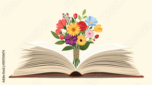 Beautiful bouquet of colorful garden flowers emerging from an open book symbolizing knowledge and natural beauty.