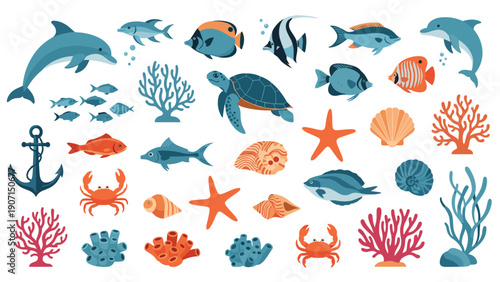 Extensive collection of marine life elements including dolphins, sea turtles, colorful fish, and coral reef plants.