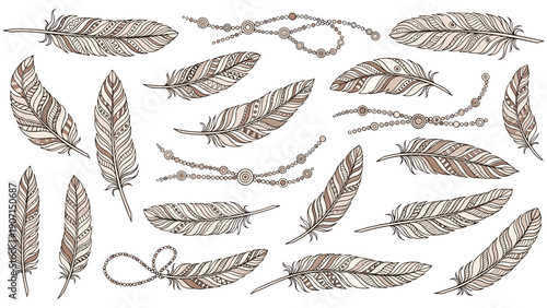 collection of hand-drawn bohemian style feathers and decorative bead strings in earthy tones for tribal and ethnic design projects.