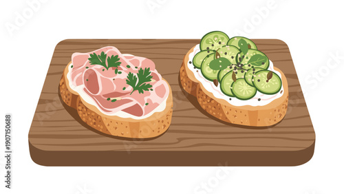 Pair of gourmet toasts with toppings of ham and sliced cucumber served on a rustic dark wooden cutting board.