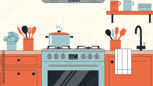 Clean and modern kitchen interior features a teal stove with a steaming pot, orange cabinets, and tidy wooden shelves.