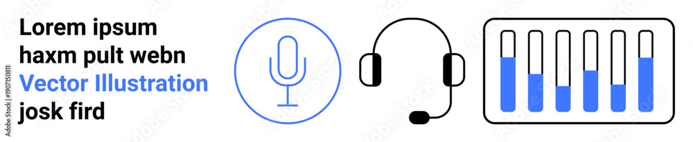 Obraz premium Microphone, headset, and sound equalizer with sound levels. Ideal for audio recording, podcasting, media production, communication, sound editing, customer support simple landing page