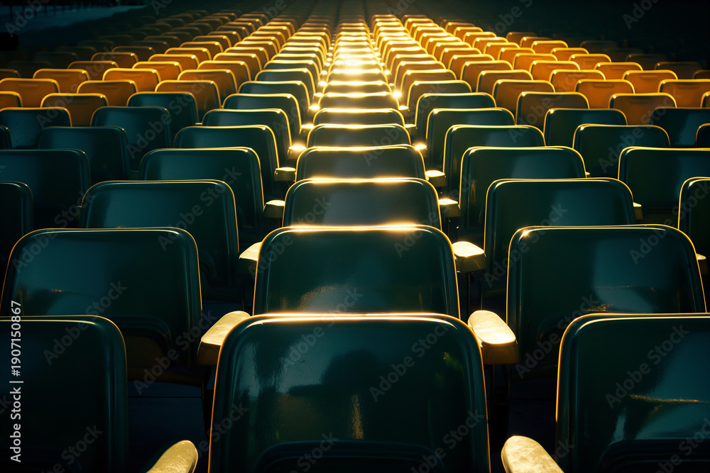 Fototapeta premium A row of chairs are lined up in a theater. soccer, football