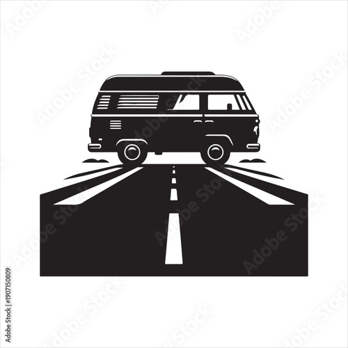 Camper van hidden road abstract silhouette line art logo design concept illustration