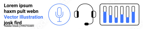 Microphone, headset, and sound equalizer with sound levels. Ideal for audio recording, podcasting, media production, communication, sound editing, customer support simple landing page