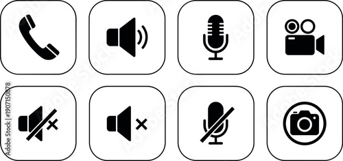 Minimal Black and White Rounded Square Media and Communication Icons Set for Audio Video Call User Interface Design