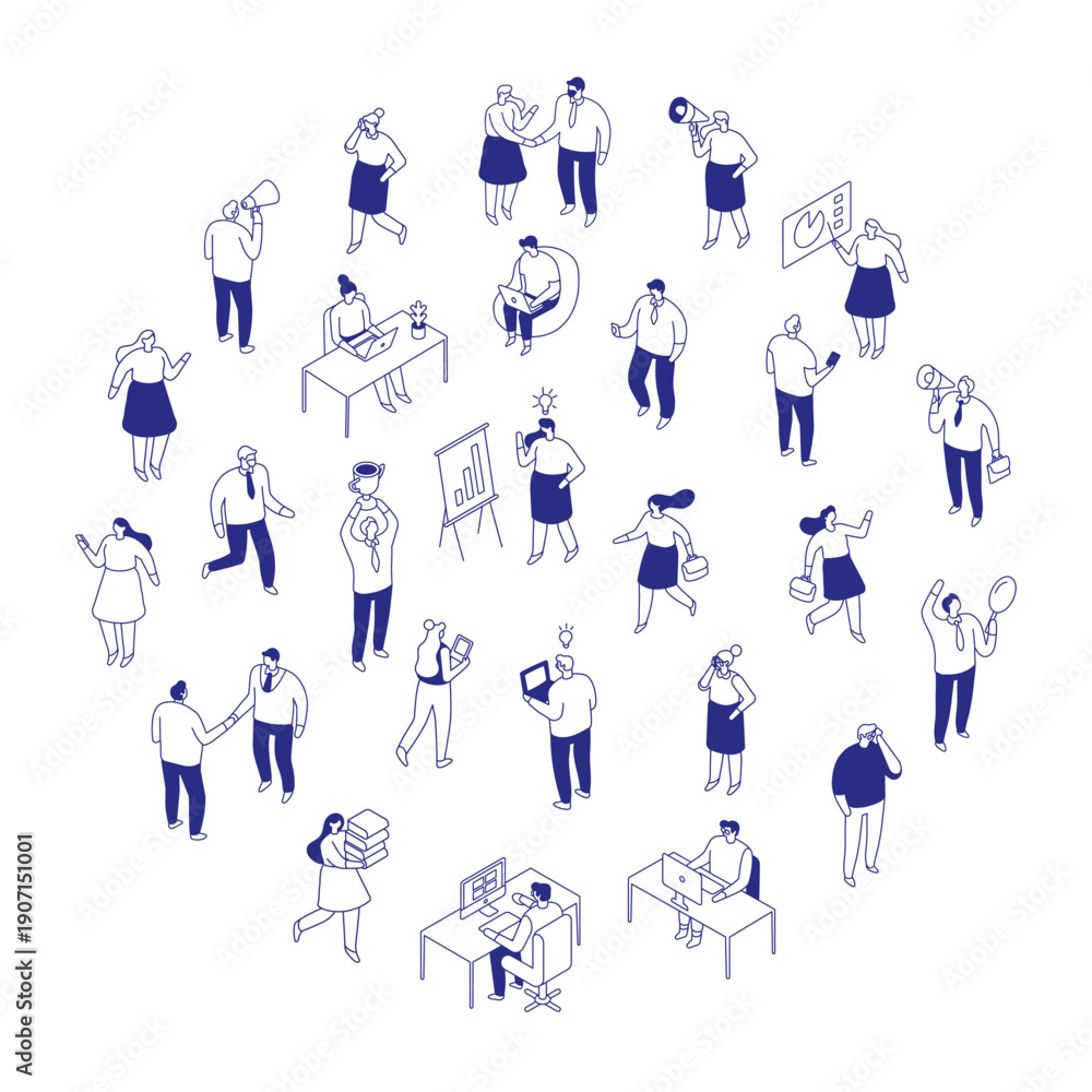 Fototapeta premium Isometric business and office illustration set with employees, communication, teamwork, and success concepts. Clean line art for corporate, startup, and professional visuals.
