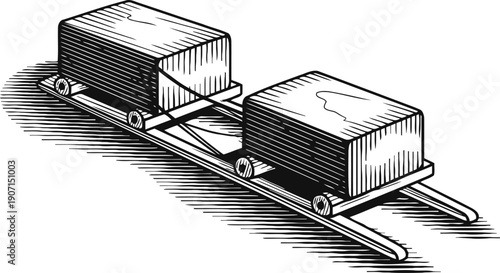 Vintage wooden bobsled sled with two blocks, classic winter sports equipment illustration