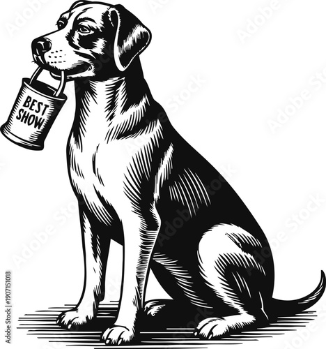 Black and white illustration of a dog holding a best show medal in its mouth sitting proudly