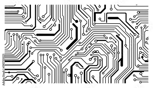 Modern digital circuit board pattern with electronic paths and technical nodes