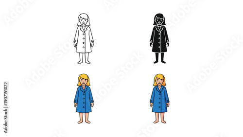 Girl in a coat, icons in outline, silhouette, and color