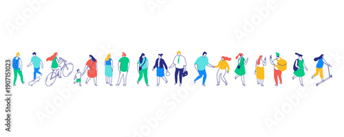 Isometric wide panoramic banner with diverse people walking, cycling, skateboarding, riding scooter, delivery, families with kids, urban lifestyle illustration in modern flat style.