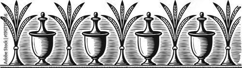 Decorative vintage border with urns and stylized foliage in black and white engraving