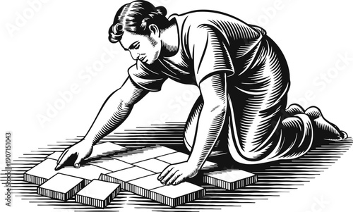 Man laying tiles on floor, kneeling worker installing square ceramic tiles in a row