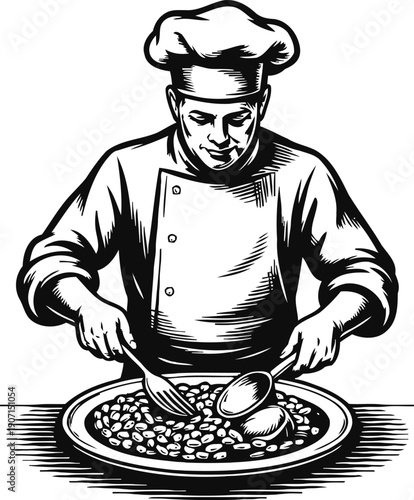 Chef preparing a large dish of food, cooking, kitchen, culinary art, gourmet meal
