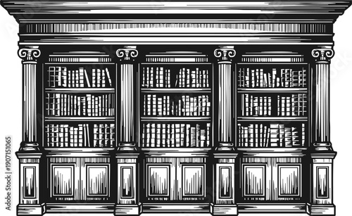 Classic wooden bookcase with ornate columns and multiple shelves filled with books in vintage