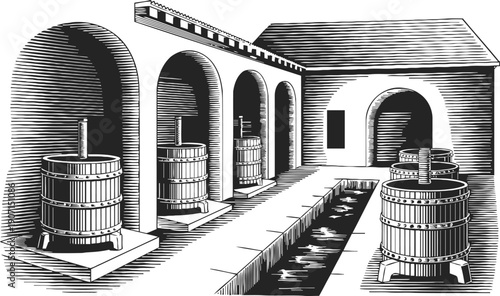 Traditional wine cellar with wooden barrels and stone arches for aging and fermentation process