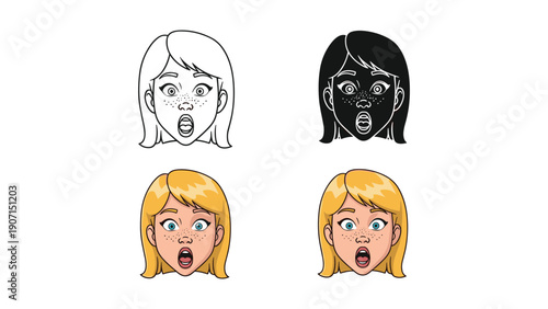 Surprised girl face with open mouth icons in outline, silhouette, color, and Freckles
