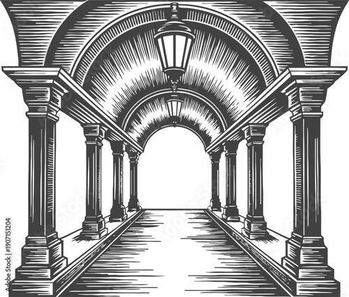 Historic arched corridor with columns and ceiling lamps in classic architectural engraving