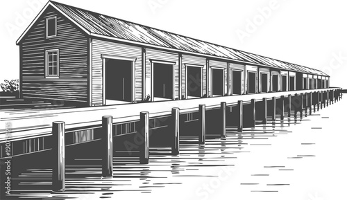 Historic wooden pier and boathouse extending over calm water with detailed plank and post design