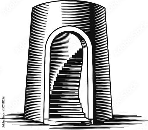 Spiral staircase inside a cylindrical tower with an arched entrance in vintage engraving