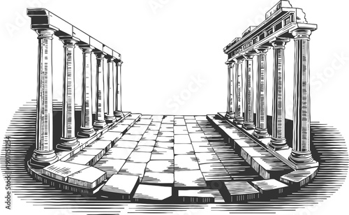 Ancient greek stone columns and paved floor, classical architecture ruins on white background