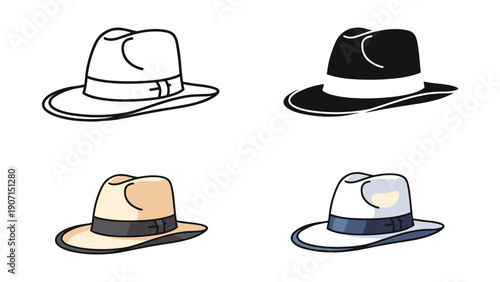 Stylish Fedora Hats, Four Styles: Outline, Silhouette, Beige, and White