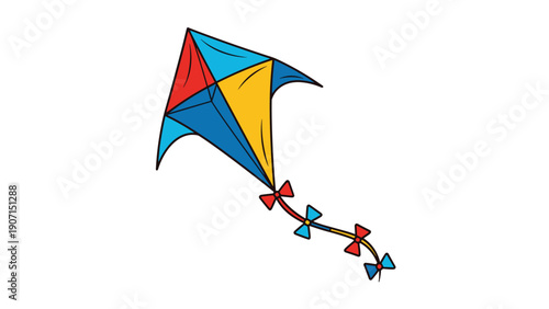 Colorful diamond shaped kite with a long bow tied tail flies high as a symbol of freedom, childhood fun, and outdoor leisure activities on windy days.