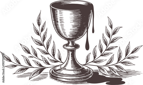 Vintage chalice with dripping liquid and decorative leaves, hand drawn ink illustration