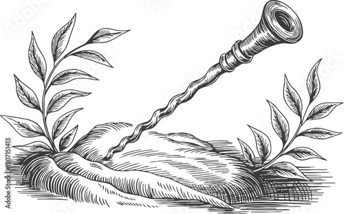 Ancient wooden corkscrew tool with twisted metal spiral surrounded by leaves engraving