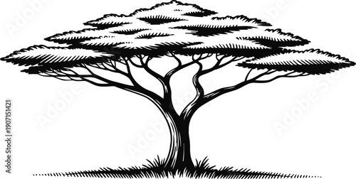 Acacia tree illustration with wide flat canopy and detailed branches in black and white