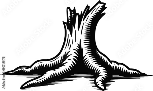 Tree stump illustration with exposed roots and textured bark in black and white design