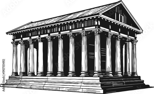 Classical greek temple with columns and pediment in black and white illustration
