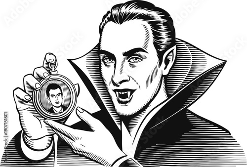 Classic vampire holding a locket with a portrait, gothic horror character, black and white illustration