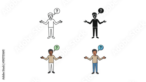 Confused person with question mark icons in various styles: outline, silhouette, color