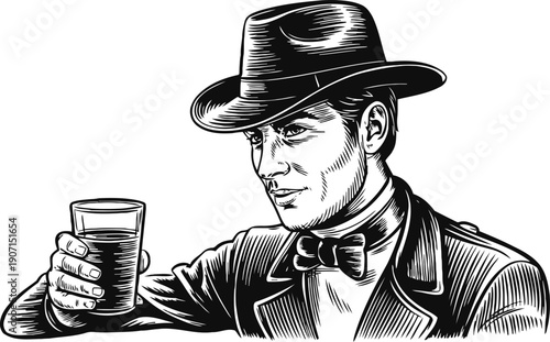 Vintage man in suit and hat raising glass for toast retro gentleman with bow tie drinking alcohol