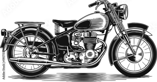 Vintage motorcycle side view classic retro motorbike illustration with detailed engine and frame design